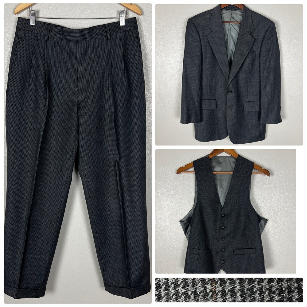 JOS A BANK EXECUTIVE‎ 3-Piece Suit Mens 40R Gray Houndstooth 100% Wool Vest Pant